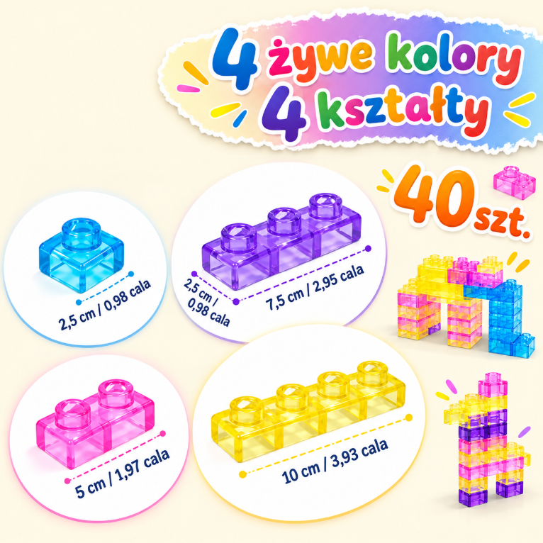Cztery żywe kolory i cztery kształty klocków SensoKlocki; 40 elementów z wymiarami i przykładowymi budowlami