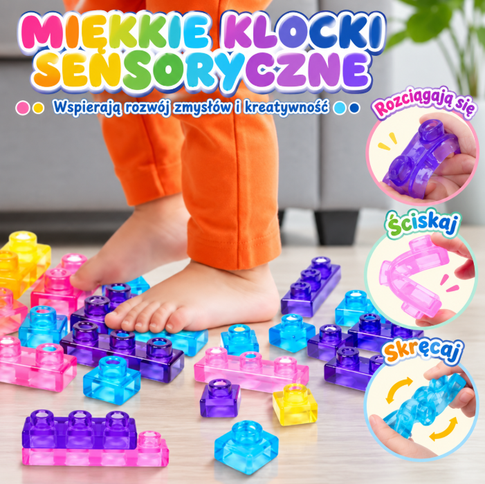 Dziecko stoi na miękkich klockach sensorycznych; obok koła pokazujące rozciąganie, ściskanie i skręcanie klocków